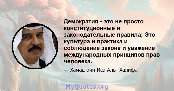 Демократия - это не просто конституционные и законодательные правила; Это культура и практика и соблюдение закона и уважение международных принципов прав человека.