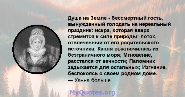 Душа на Земле - бессмертный гость, вынужденный голодать на нереальный праздник: искра, которая вверх стремится к силе природы: поток, отвлеченный от его родительского источника; Капля выключилась из безграничного моря;