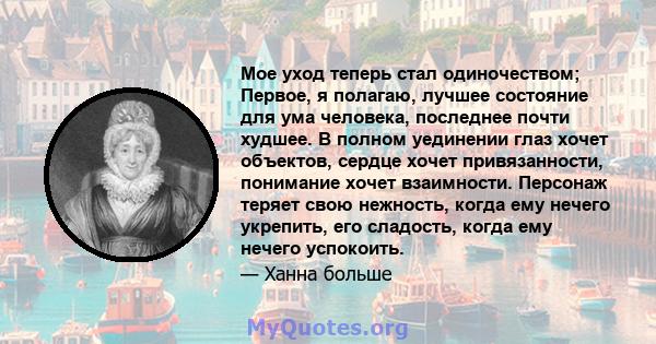 Мое уход теперь стал одиночеством; Первое, я полагаю, лучшее состояние для ума человека, последнее почти худшее. В полном уединении глаз хочет объектов, сердце хочет привязанности, понимание хочет взаимности. Персонаж