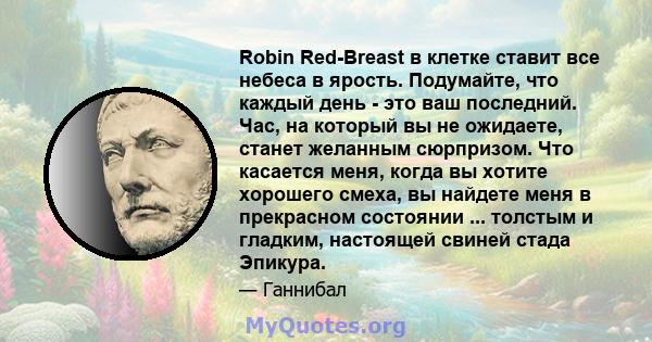 Robin Red-Breast в клетке ставит все небеса в ярость. Подумайте, что каждый день - это ваш последний. Час, на который вы не ожидаете, станет желанным сюрпризом. Что касается меня, когда вы хотите хорошего смеха, вы