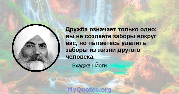 Дружба означает только одно: вы не создаете заборы вокруг вас, но пытаетесь удалить заборы из жизни другого человека.