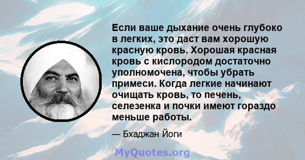 Если ваше дыхание очень глубоко в легких, это даст вам хорошую красную кровь. Хорошая красная кровь с кислородом достаточно уполномочена, чтобы убрать примеси. Когда легкие начинают очищать кровь, то печень, селезенка и 