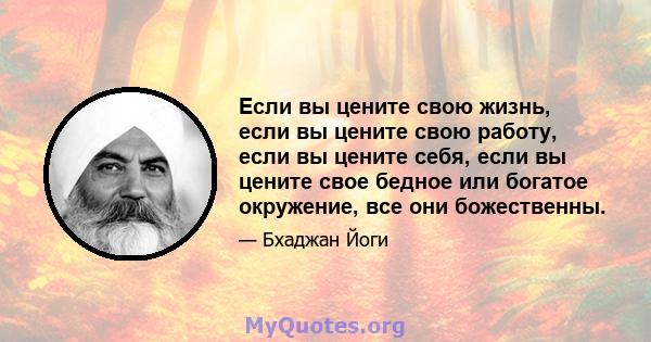 Если вы цените свою жизнь, если вы цените свою работу, если вы цените себя, если вы цените свое бедное или богатое окружение, все они божественны.