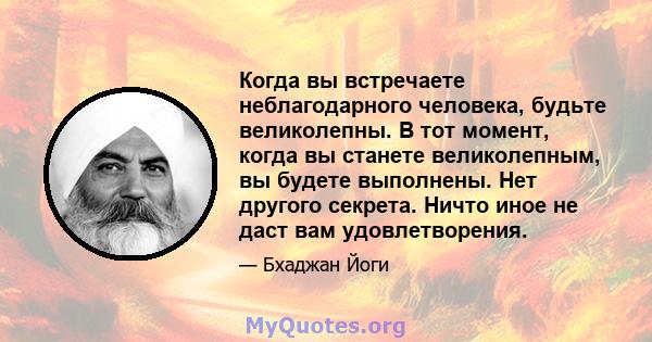 Когда вы встречаете неблагодарного человека, будьте великолепны. В тот момент, когда вы станете великолепным, вы будете выполнены. Нет другого секрета. Ничто иное не даст вам удовлетворения.