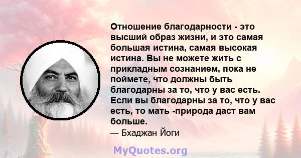 Отношение благодарности - это высший образ жизни, и это самая большая истина, самая высокая истина. Вы не можете жить с прикладным сознанием, пока не поймете, что должны быть благодарны за то, что у вас есть. Если вы