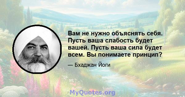 Вам не нужно объяснять себя. Пусть ваша слабость будет вашей. Пусть ваша сила будет всем. Вы понимаете принцип?