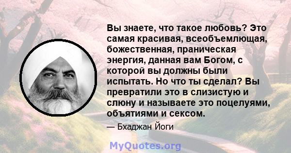 Вы знаете, что такое любовь? Это самая красивая, всеобъемлющая, божественная, праническая энергия, данная вам Богом, с которой вы должны были испытать. Но что ты сделал? Вы превратили это в слизистую и слюну и называете 