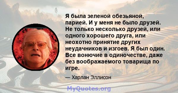 Я была зеленой обезьяной, парией. И у меня не было друзей. Не только несколько друзей, или одного хорошего друга, или неохотно принятие других неудачников и изгоев. Я был один. Все вонючие в одиночестве, даже без