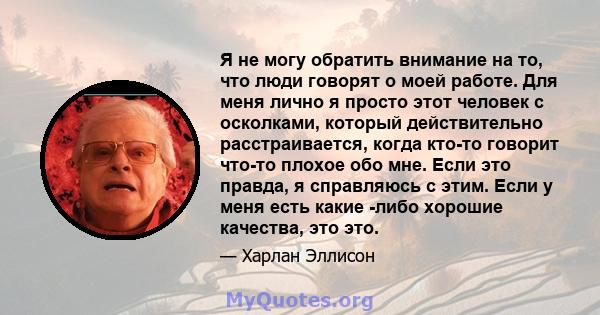 Я не могу обратить внимание на то, что люди говорят о моей работе. Для меня лично я просто этот человек с осколками, который действительно расстраивается, когда кто-то говорит что-то плохое обо мне. Если это правда, я