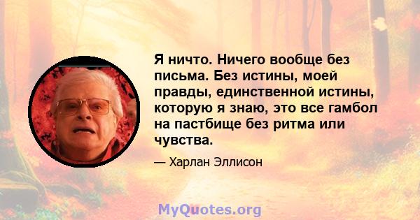 Я ничто. Ничего вообще без письма. Без истины, моей правды, единственной истины, которую я знаю, это все гамбол на пастбище без ритма или чувства.