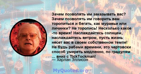 Зачем позволять им заказывать вас? Зачем позволять им говорить вам торопиться и бегать, как муравьи или личинки? Не торопись! Несколько какое -то время! Наслаждайтесь солнцем, наслаждайтесь ветром, пусть жизнь несет вас 