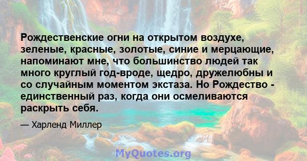 Рождественские огни на открытом воздухе, зеленые, красные, золотые, синие и мерцающие, напоминают мне, что большинство людей так много круглый год-вроде, щедро, дружелюбны и со случайным моментом экстаза. Но Рождество - 