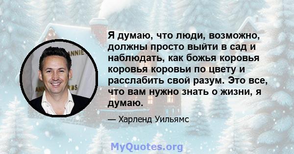 Я думаю, что люди, возможно, должны просто выйти в сад и наблюдать, как божья коровья коровья коровьи по цвету и расслабить свой разум. Это все, что вам нужно знать о жизни, я думаю.