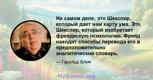 На самом деле, это Шекспир, который дает нам карту ума. Это Шекспир, который изобретает фрейдискую психологию. Фрейд находит способы перевода его в предположительно аналитический словарь.