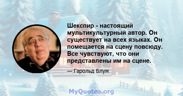 Шекспир - настоящий мультикультурный автор. Он существует на всех языках. Он помещается на сцену повсюду. Все чувствуют, что они представлены им на сцене.