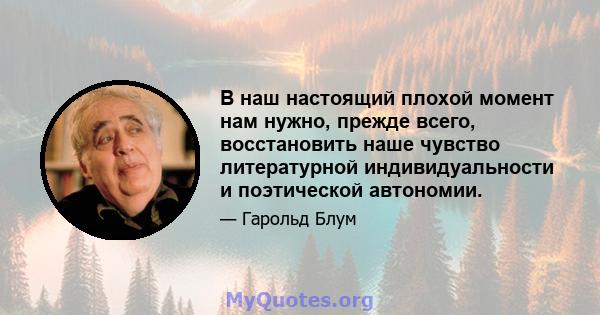 В наш настоящий плохой момент нам нужно, прежде всего, восстановить наше чувство литературной индивидуальности и поэтической автономии.