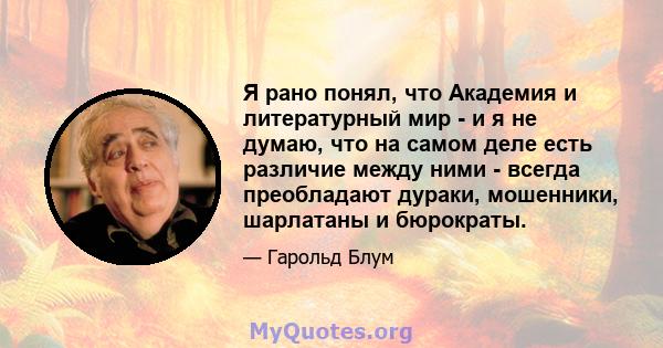 Я рано понял, что Академия и литературный мир - и я не думаю, что на самом деле есть различие между ними - всегда преобладают дураки, мошенники, шарлатаны и бюрократы.