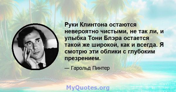 Руки Клинтона остаются невероятно чистыми, не так ли, и улыбка Тони Блэра остается такой же широкой, как и всегда. Я смотрю эти облики с глубоким презрением.