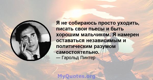 Я не собираюсь просто уходить, писать свои пьесы и быть хорошим мальчиком. Я намерен оставаться независимым и политическим разумом самостоятельно.