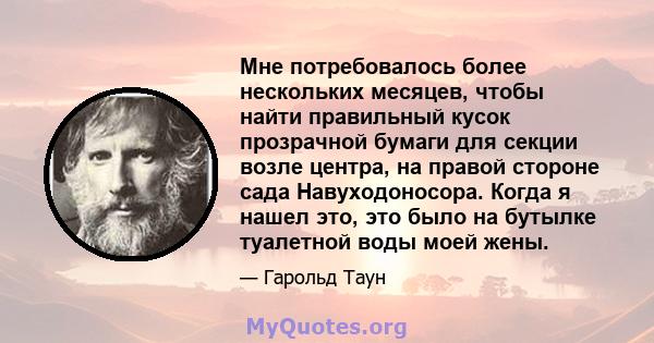 Мне потребовалось более нескольких месяцев, чтобы найти правильный кусок прозрачной бумаги для секции возле центра, на правой стороне сада Навуходоносора. Когда я нашел это, это было на бутылке туалетной воды моей жены.