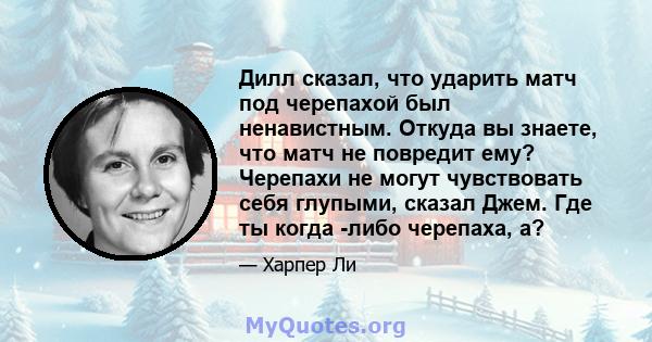 Дилл сказал, что ударить матч под черепахой был ненавистным. Откуда вы знаете, что матч не повредит ему? Черепахи не могут чувствовать себя глупыми, сказал Джем. Где ты когда -либо черепаха, а?