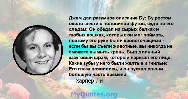 Джем дал разумное описание Бу: Бу ростом около шести с половиной футов, судя по его следам; Он обедал на сырых белках и любых кошках, которых он мог поймать, поэтому его руки были кровоточащими - если бы вы съели