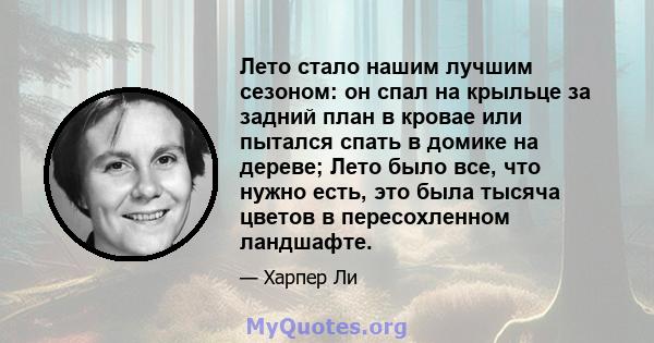 Лето стало нашим лучшим сезоном: он спал на крыльце за задний план в кровае или пытался спать в домике на дереве; Лето было все, что нужно есть, это была тысяча цветов в пересохленном ландшафте.