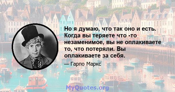 Но я думаю, что так оно и есть. Когда вы теряете что -то незаменимое, вы не оплакиваете то, что потеряли. Вы оплакиваете за себя.