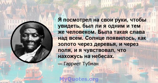 Я посмотрел на свои руки, чтобы увидеть, был ли я одним и тем же человеком. Была такая слава над всем. Солнце появилось, как золото через деревья, и через поля, и я чувствовал, что нахожусь на небесах.