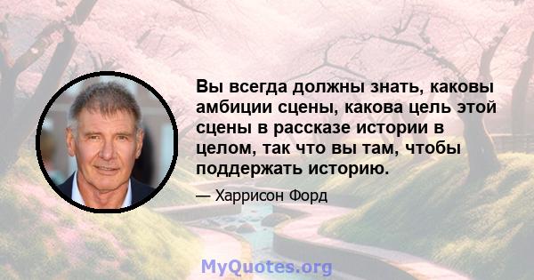 Вы всегда должны знать, каковы амбиции сцены, какова цель этой сцены в рассказе истории в целом, так что вы там, чтобы поддержать историю.