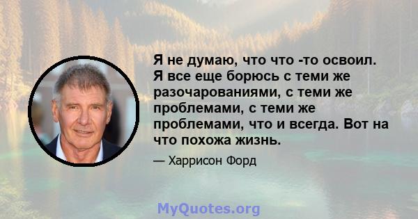 Я не думаю, что что -то освоил. Я все еще борюсь с теми же разочарованиями, с теми же проблемами, с теми же проблемами, что и всегда. Вот на что похожа жизнь.