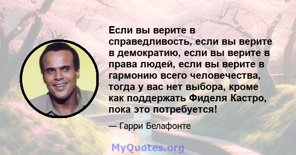 Если вы верите в справедливость, если вы верите в демократию, если вы верите в права людей, если вы верите в гармонию всего человечества, тогда у вас нет выбора, кроме как поддержать Фиделя Кастро, пока это потребуется!