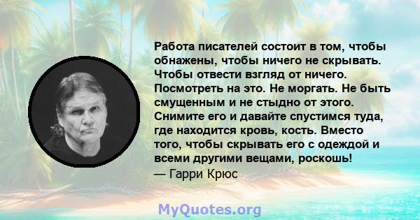 Работа писателей состоит в том, чтобы обнажены, чтобы ничего не скрывать. Чтобы отвести взгляд от ничего. Посмотреть на это. Не моргать. Не быть смущенным и не стыдно от этого. Снимите его и давайте спустимся туда, где