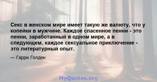 Секс в женском мире имеет такую ​​же валюту, что у копейки в мужчине. Каждое спасенное пенни - это пенни, заработанный в одном мире, а в следующем, каждое сексуальное приключение - это литературный опыт.