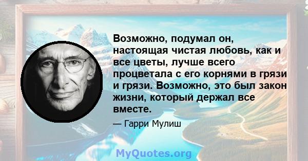 Возможно, подумал он, настоящая чистая любовь, как и все цветы, лучше всего процветала с его корнями в грязи и грязи. Возможно, это был закон жизни, который держал все вместе.