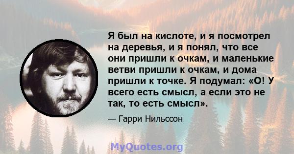 Я был на кислоте, и я посмотрел на деревья, и я понял, что все они пришли к очкам, и маленькие ветви пришли к очкам, и дома пришли к точке. Я подумал: «О! У всего есть смысл, а если это не так, то есть смысл».