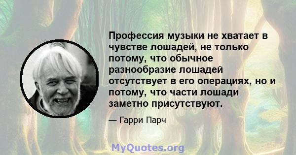 Профессия музыки не хватает в чувстве лошадей, не только потому, что обычное разнообразие лошадей отсутствует в его операциях, но и потому, что части лошади заметно присутствуют.