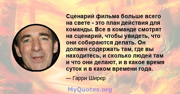 Сценарий фильма больше всего на свете - это план действия для команды. Все в команде смотрят на сценарий, чтобы увидеть, что они собираются делать. Он должен содержать там, где вы находитесь, и сколько людей там и что