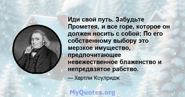 Иди свой путь. Забудьте Прометея, и все горе, которое он должен носить с собой; По его собственному выбору это мерзкое имущество, предпочитающее невежественное блаженство и непредвзятое рабство.