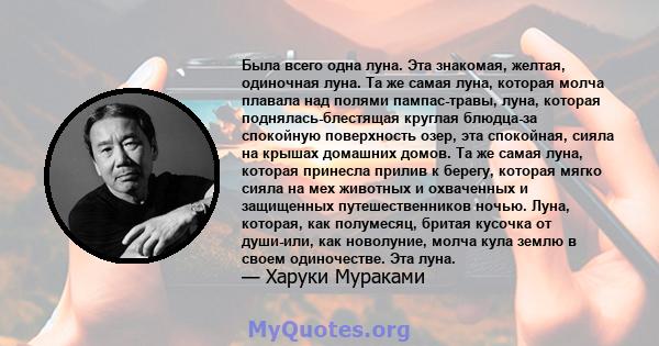 Была всего одна луна. Эта знакомая, желтая, одиночная луна. Та же самая луна, которая молча плавала над полями пампас-травы, луна, которая поднялась-блестящая круглая блюдца-за спокойную поверхность озер, эта спокойная, 