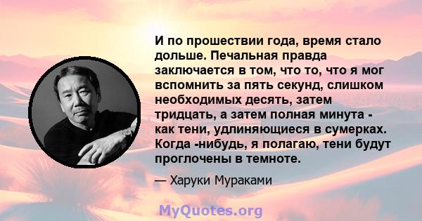 И по прошествии года, время стало дольше. Печальная правда заключается в том, что то, что я мог вспомнить за пять секунд, слишком необходимых десять, затем тридцать, а затем полная минута - как тени, удлиняющиеся в