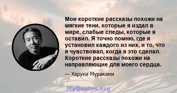 Мои короткие рассказы похожи на мягкие тени, которые я издал в мире, слабые следы, которые я оставил. Я точно помню, где я установил каждого из них, и то, что я чувствовал, когда я это сделал. Короткие рассказы похожи