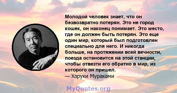 Молодой человек знает, что он безвозвратно потерян. Это не город кошек, он наконец понимает. Это место, где он должен быть потерян. Это еще один мир, который был подготовлен специально для него. И никогда больше, на