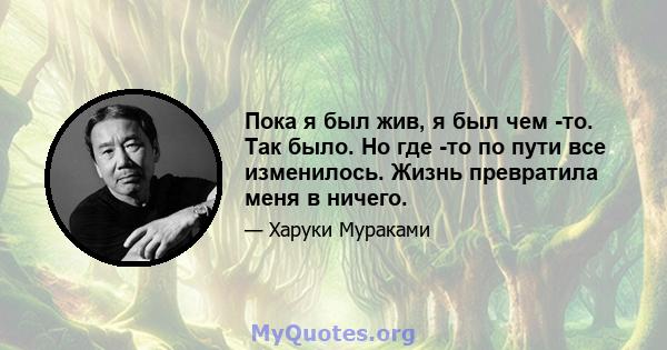 Пока я был жив, я был чем -то. Так было. Но где -то по пути все изменилось. Жизнь превратила меня в ничего.