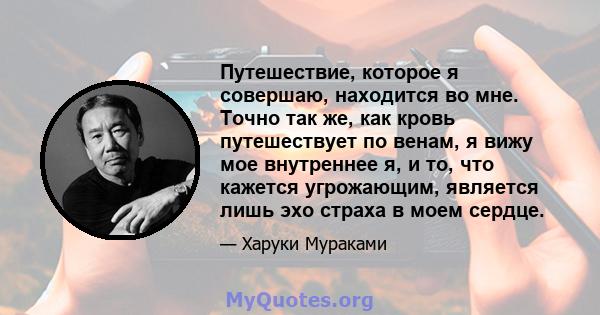 Путешествие, которое я совершаю, находится во мне. Точно так же, как кровь путешествует по венам, я вижу мое внутреннее я, и то, что кажется угрожающим, является лишь эхо страха в моем сердце.