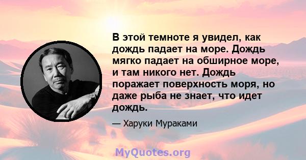 В этой темноте я увидел, как дождь падает на море. Дождь мягко падает на обширное море, и там никого нет. Дождь поражает поверхность моря, но даже рыба не знает, что идет дождь.