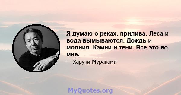 Я думаю о реках, прилива. Леса и вода вымываются. Дождь и молния. Камни и тени. Все это во мне.