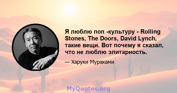 Я люблю поп -культуру - Rolling Stones, The Doors, David Lynch, такие вещи. Вот почему я сказал, что не люблю элитарность.