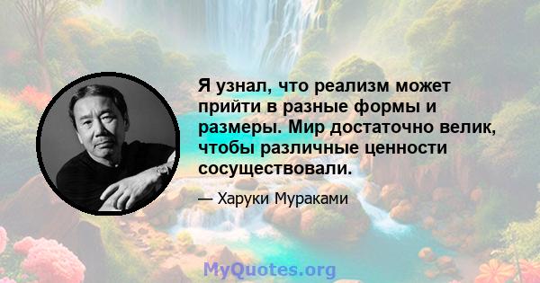 Я узнал, что реализм может прийти в разные формы и размеры. Мир достаточно велик, чтобы различные ценности сосуществовали.