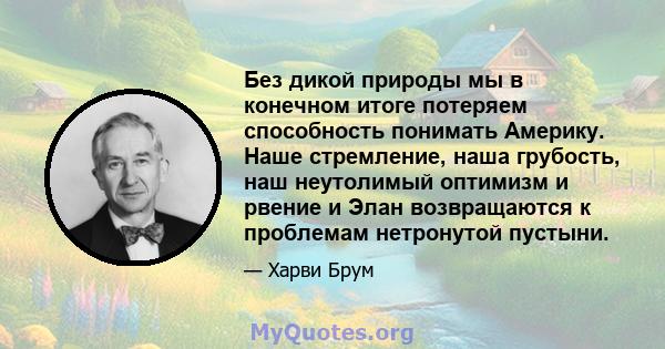 Без дикой природы мы в конечном итоге потеряем способность понимать Америку. Наше стремление, наша грубость, наш неутолимый оптимизм и рвение и Элан возвращаются к проблемам нетронутой пустыни.